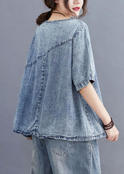 Casual Blue O Neck Plaid Patchwork Denim T Shirt Top Summer