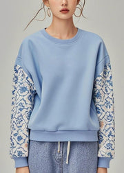 Casual Blue O Neck Print Patchwork Cotton Pullover Sweatshirt Fall