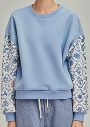 Casual Blue O Neck Print Patchwork Cotton Pullover Sweatshirt Fall