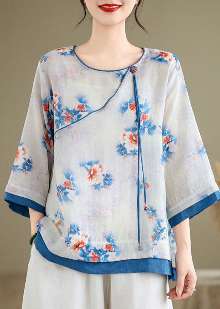 Casual Blue O-Neck Print Patchwork Shirt Long Sleeve