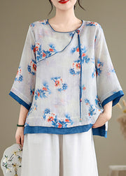 Casual Blue O-Neck Print Patchwork Shirt Long Sleeve