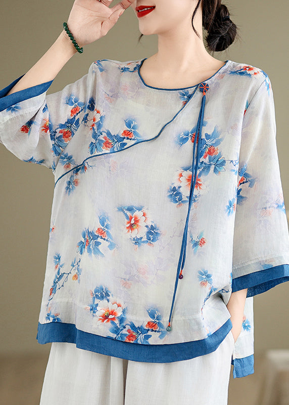 Casual Blue O-Neck Print Patchwork Shirt Long Sleeve