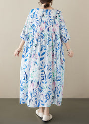 Casual Blue O Neck Print Plus Size Cotton Dress Summer
