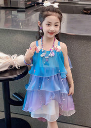 Casual Blue O-Neck Starfish Pearl Chiffon Kids Long Dresses Summer