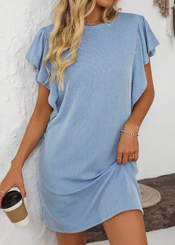 Casual Blue O Neck Striped Cotton Mid Dress Summer