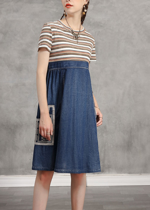 Casual Blue O-Neck Striped Knit Patchwork Denim Mid Dress Short Sleeve