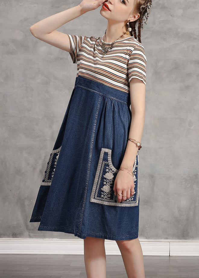 Casual Blue O-Neck Striped Knit Patchwork Denim Mid Dress Short Sleeve