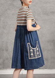 Casual Blue O-Neck Striped Knit Patchwork Denim Mid Dress Short Sleeve