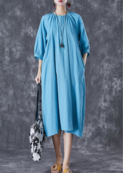 Casual Blue Oversized Button Down Linen Long Dress Bracelet Sleeve