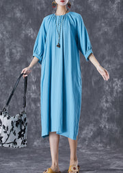 Casual Blue Oversized Button Down Linen Long Dress Bracelet Sleeve