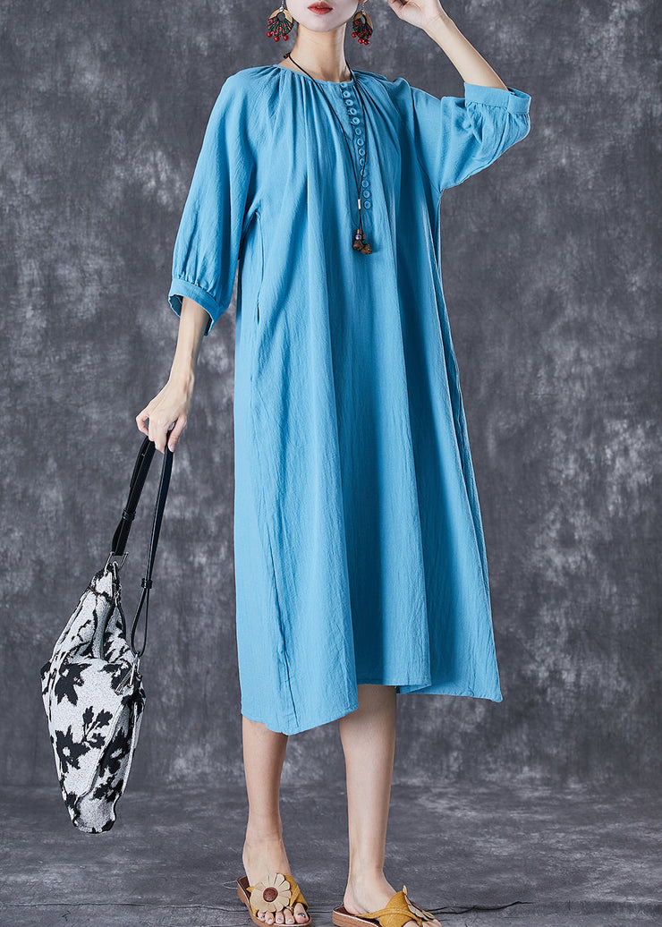 Casual Blue Oversized Button Down Linen Long Dress Bracelet Sleeve