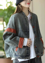 Casual Blue Oversized Patchwork Denim Jacket Spring