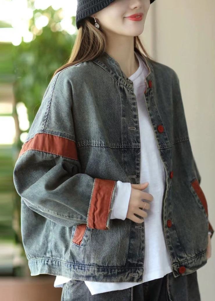 Casual Blue Oversized Patchwork Denim Jacket Spring