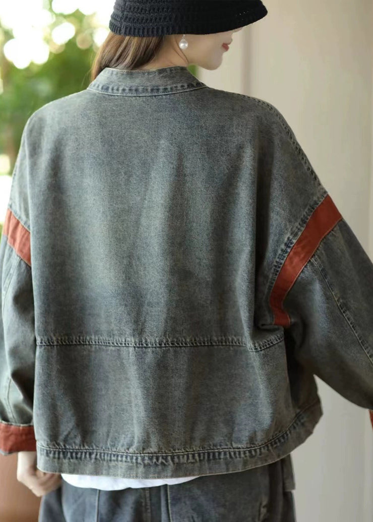 Casual Blue Oversized Patchwork Denim Jacket Spring