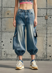 Casual Blue Oversized Pockets Denim Crop Pants Fall