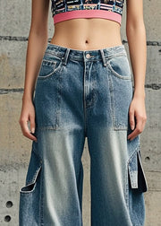 Casual Blue Oversized Pockets Denim Crop Pants Fall