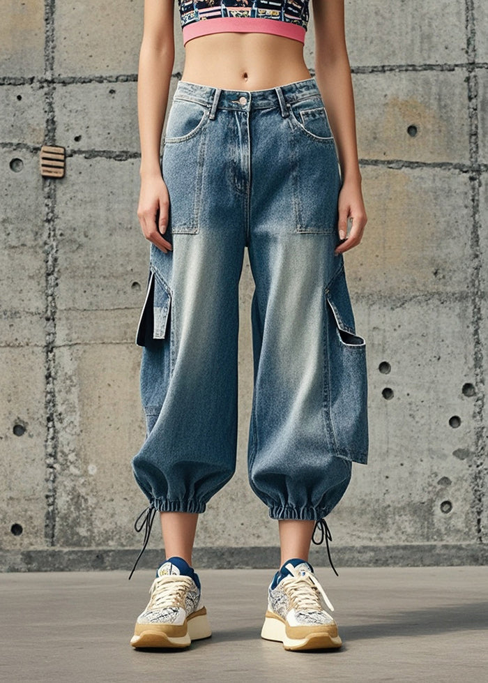 Casual Blue Oversized Pockets Denim Crop Pants Fall