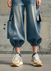 Casual Blue Oversized Pockets Denim Crop Pants Fall