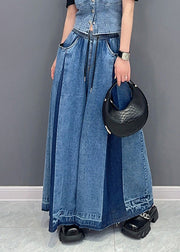 Casual Blue Patchwork Drawstring Elastic Waist Denim Wide Leg Pants Summer