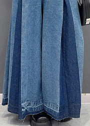 Casual Blue Patchwork Drawstring Elastic Waist Denim Wide Leg Pants Summer