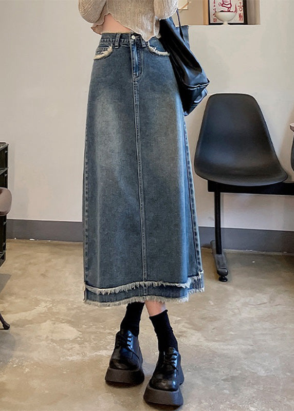 Casual Blue Patchwork High Waist Button Denim A Line Skirts