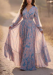 Casual Blue Patchwork Tunic Chiffon Long Dresses Lantern Sleeve