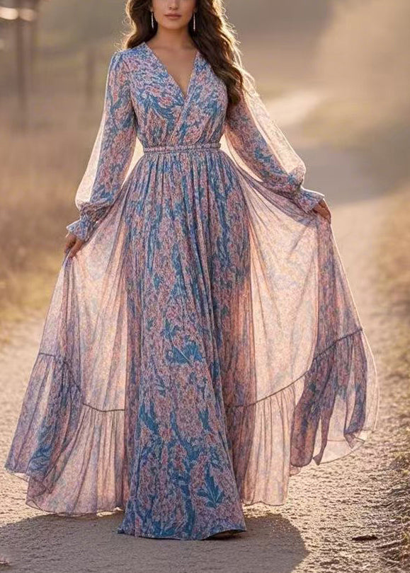 Casual Blue Patchwork Tunic Chiffon Long Dresses Lantern Sleeve