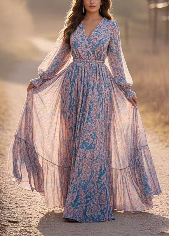 Casual Blue Patchwork Tunic Chiffon Long Dresses Lantern Sleeve