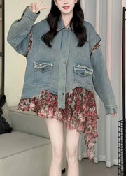 Casual Blue Peter Pan Collar Asymmetrical Print Print Denim Coat Spring