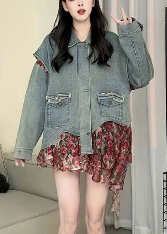 Casual Blue Peter Pan Collar Asymmetrical Print Print Denim Coat Spring