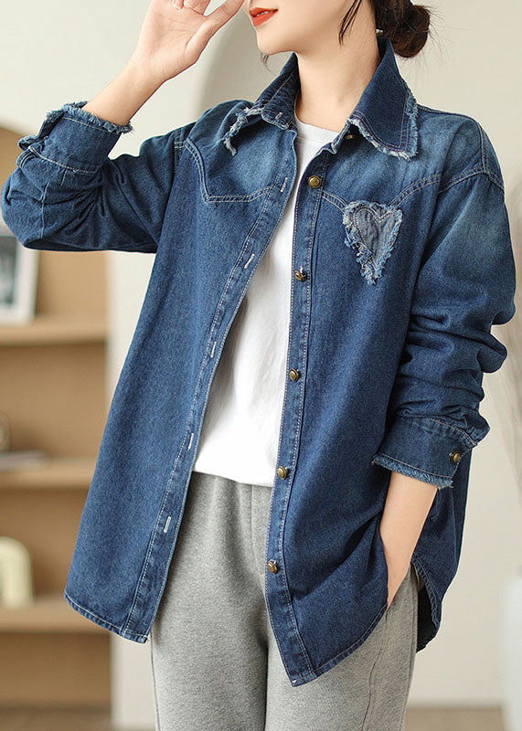 Casual Blue Peter Pan Collar Button Denim Coat Spring