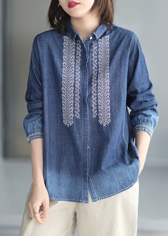 Casual Blue Peter Pan Collar Embroideried Cotton Denim Shirt Top Long Sleeve