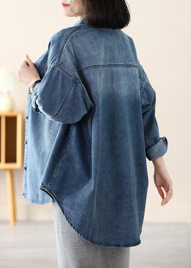 Casual Blue Peter Pan Collar Oversized Applique Cotton Denim Coat Spring