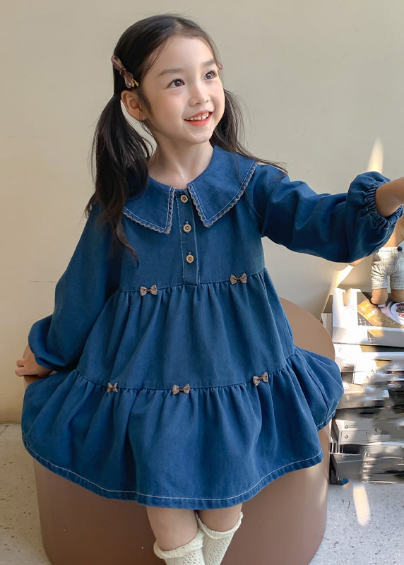 Casual Blue Peter Pan Collar Patchwork Button Girls Vacation Denim Mid Dresses Spring