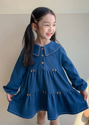 Casual Blue Peter Pan Collar Patchwork Button Girls Vacation Denim Mid Dresses Spring