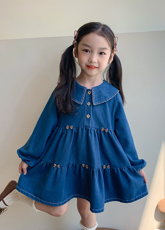 Casual Blue Peter Pan Collar Patchwork Button Girls Vacation Denim Mid Dresses Spring