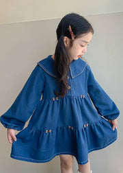 Casual Blue Peter Pan Collar Patchwork Button Girls Vacation Denim Mid Dresses Spring