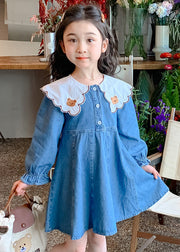 Casual Blue Peter Pan Collar Print Patchwork Button Girls Mid Dresses Fall