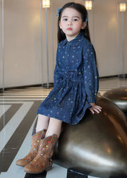 Casual Blue Peter Pan Collar Print Tie Waist Kids Denim Mid Dresses Spring