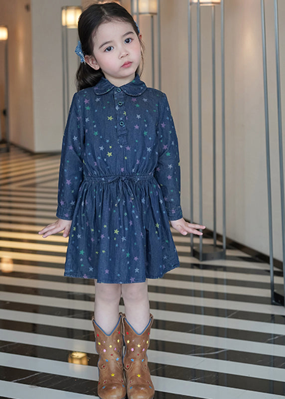 Casual Blue Peter Pan Collar Print Tie Waist Kids Denim Mid Dresses Spring