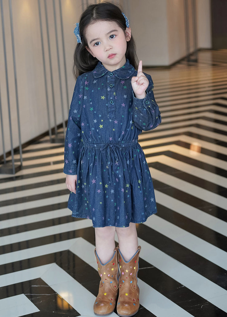 Casual Blue Peter Pan Collar Print Tie Waist Kids Denim Mid Dresses Spring