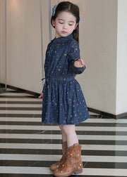 Casual Blue Peter Pan Collar Print Tie Waist Kids Denim Mid Dresses Spring