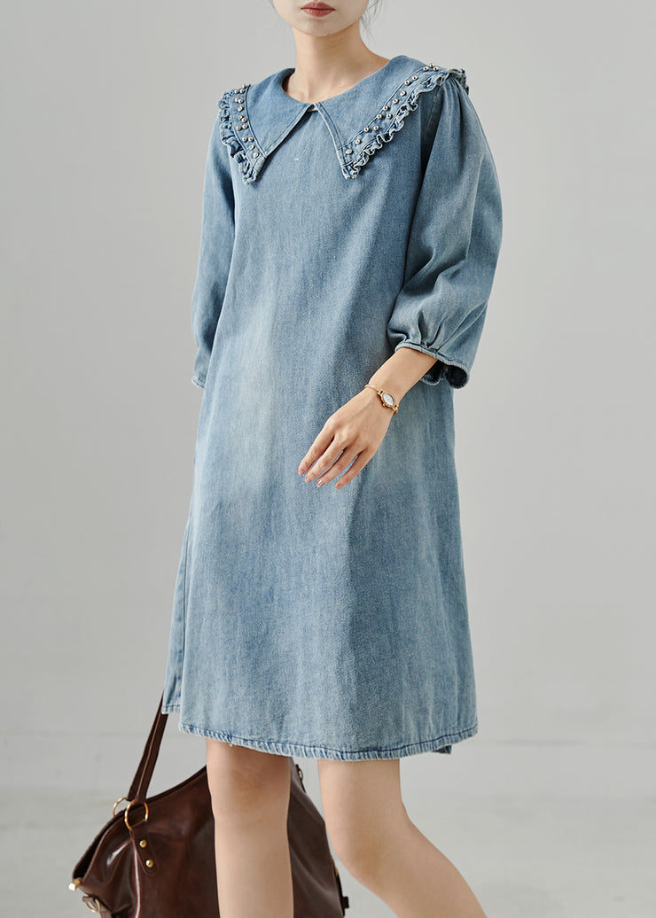 Casual Blue Peter Pan Collar Rivet Denim Day Dress Bracelet Sleeve