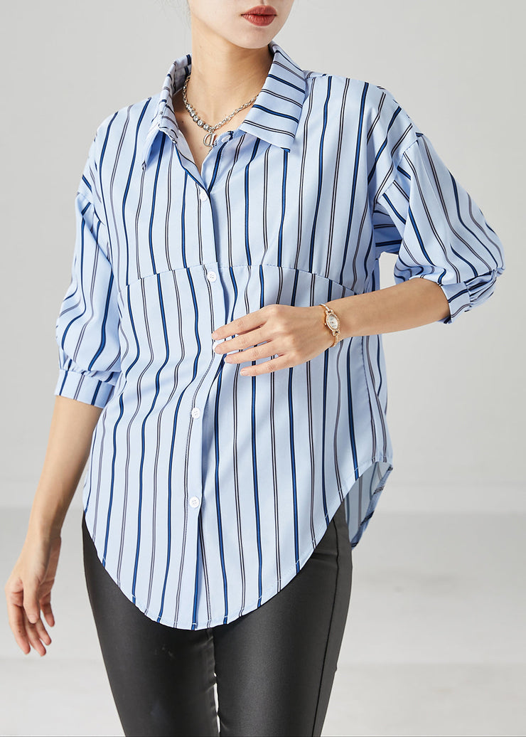 Casual Blue Peter Pan Collar Striped Cotton Top Fall