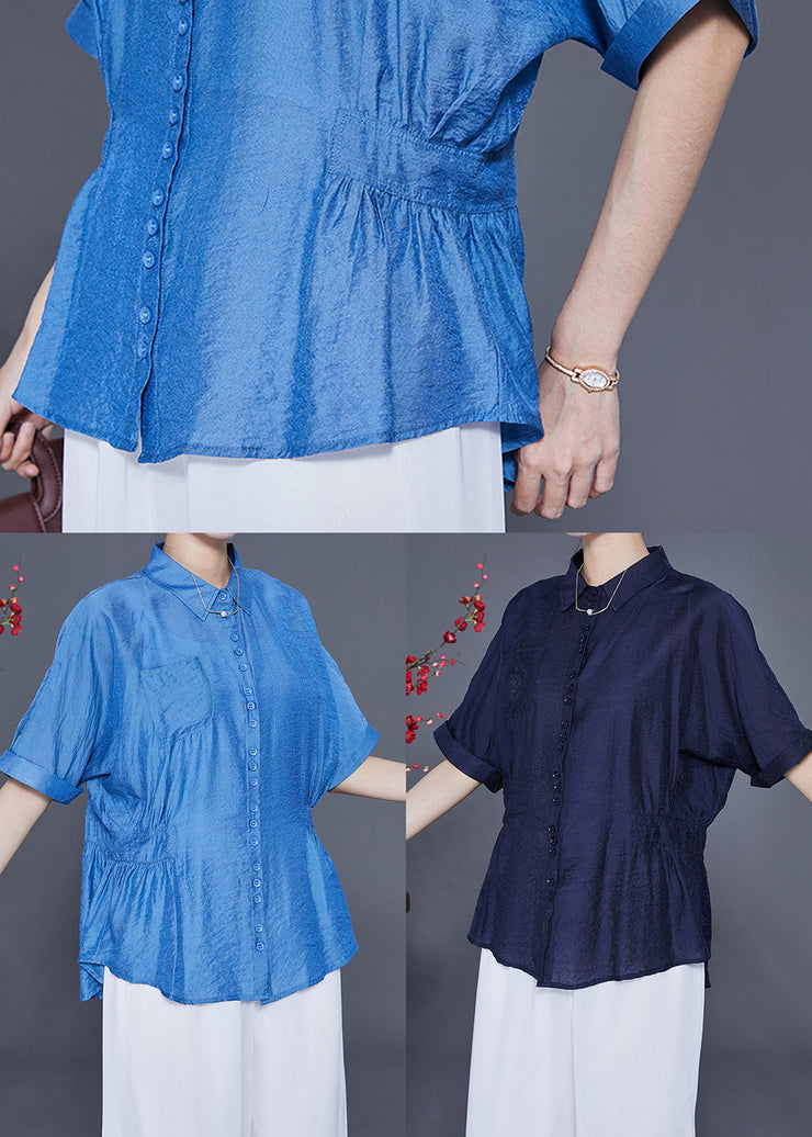 Casual Blue Peter Pan Collar Wrinkled Silk Shirt Tops Summer