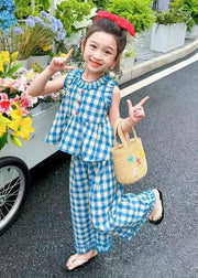 Casual Blue Plaid Ruffled Girls Top And Crop Pants Two Pieces Set Summer