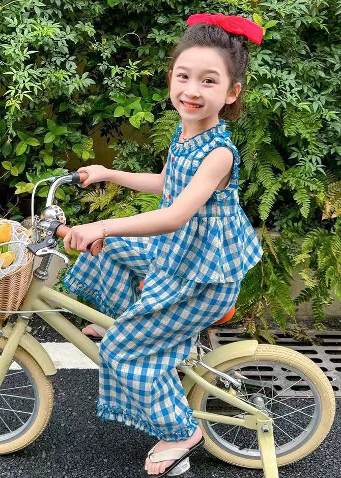 Casual Blue Plaid Ruffled Girls Top And Crop Pants Two Pieces Set Summer