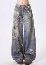 Casual Blue Pockets Chain Print Denim Straight Pants Spring