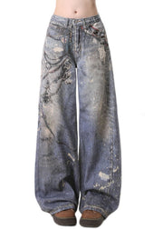 Casual Blue Pockets Chain Print Denim Straight Pants Spring