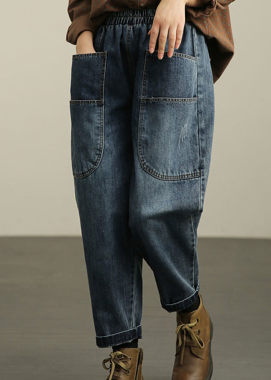 Casual Blue Pockets Denim Harem Pants Fall